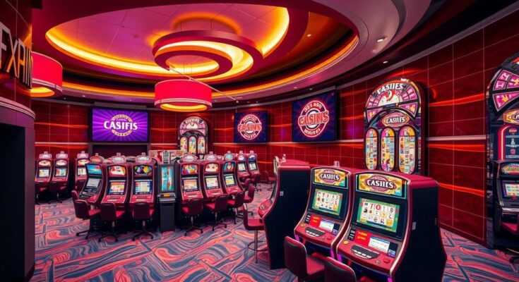 Stylish casino interior with vibrant colours and modern slot machines, creating a lively gaming atmosphere.
