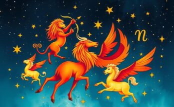 An abstract illustration of zodiac signs under a starry sky with vibrant colours, representing astrology and fortune.