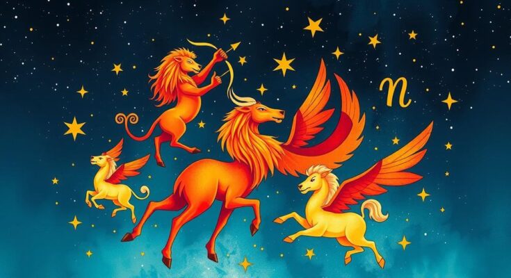 An abstract illustration of zodiac signs under a starry sky with vibrant colours, representing astrology and fortune.