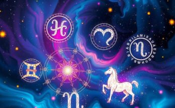 Astrological symbols of zodiac signs with a cosmic background, vibrant colours and starry elements representing energy.