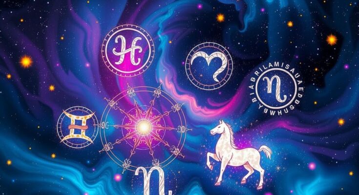 Astrological symbols of zodiac signs with a cosmic background, vibrant colours and starry elements representing energy.