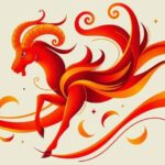 A vibrant abstract representation of the Aries zodiac with fiery elements and Gemini motifs in bright colours.