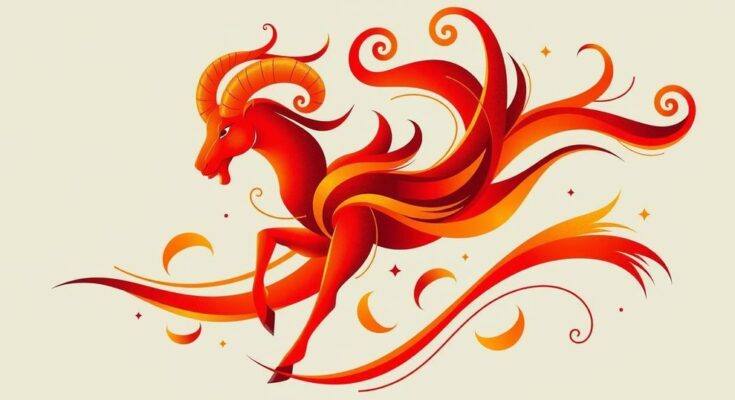 A vibrant abstract representation of the Aries zodiac with fiery elements and Gemini motifs in bright colours.