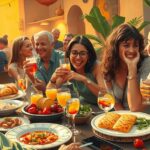 A vibrant social scene with friends enjoying tapas and drinks in a lively setting, featuring warm colours.
