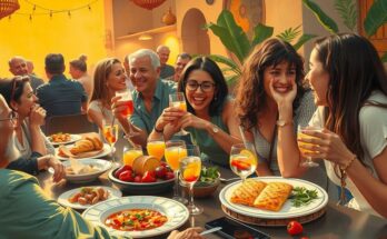 A vibrant social scene with friends enjoying tapas and drinks in a lively setting, featuring warm colours.