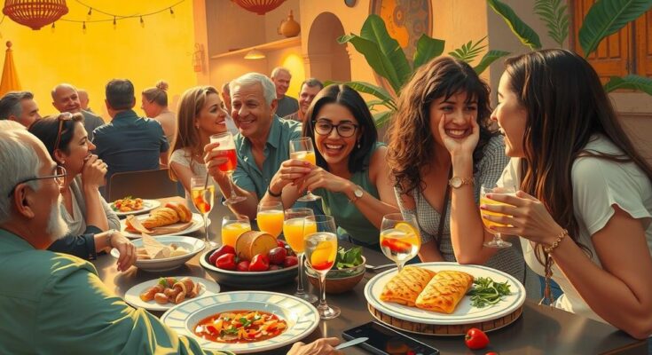 A vibrant social scene with friends enjoying tapas and drinks in a lively setting, featuring warm colours.