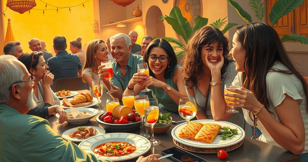 A vibrant social scene with friends enjoying tapas and drinks in a lively setting, featuring warm colours.