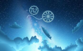 A serene celestial scene with a moonstone colour palette featuring stars and zodiac symbols.