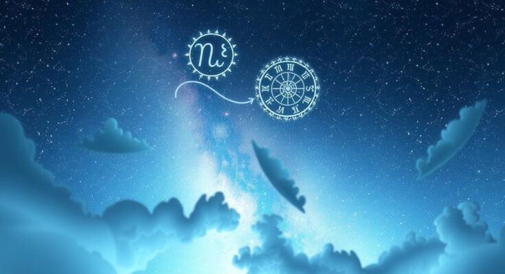 A serene celestial scene with a moonstone colour palette featuring stars and zodiac symbols.
