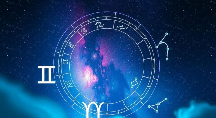A serene cosmic scene featuring a zodiac wheel with a focus on Gemini and Virgo signs, set against a vibrant starry night.