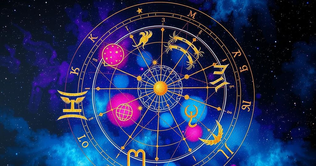 A vibrant astrological chart with zodiac signs and symbols in warm colours, representing the essence of daily astrology.