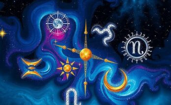 Astrological symbols with a cosmic backdrop of stars and planets, illustrating weekly horoscopes.