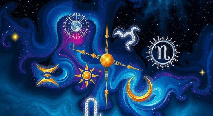 Astrological symbols with a cosmic backdrop of stars and planets, illustrating weekly horoscopes.