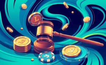 A vibrant illustration depicting online gaming regulations in California, featuring symbolic elements like gaming tokens and law gavel, in bold blues and greens.