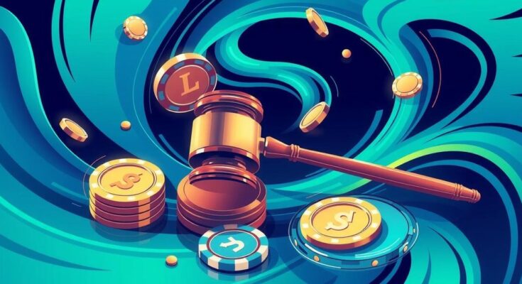 A vibrant illustration depicting online gaming regulations in California, featuring symbolic elements like gaming tokens and law gavel, in bold blues and greens.