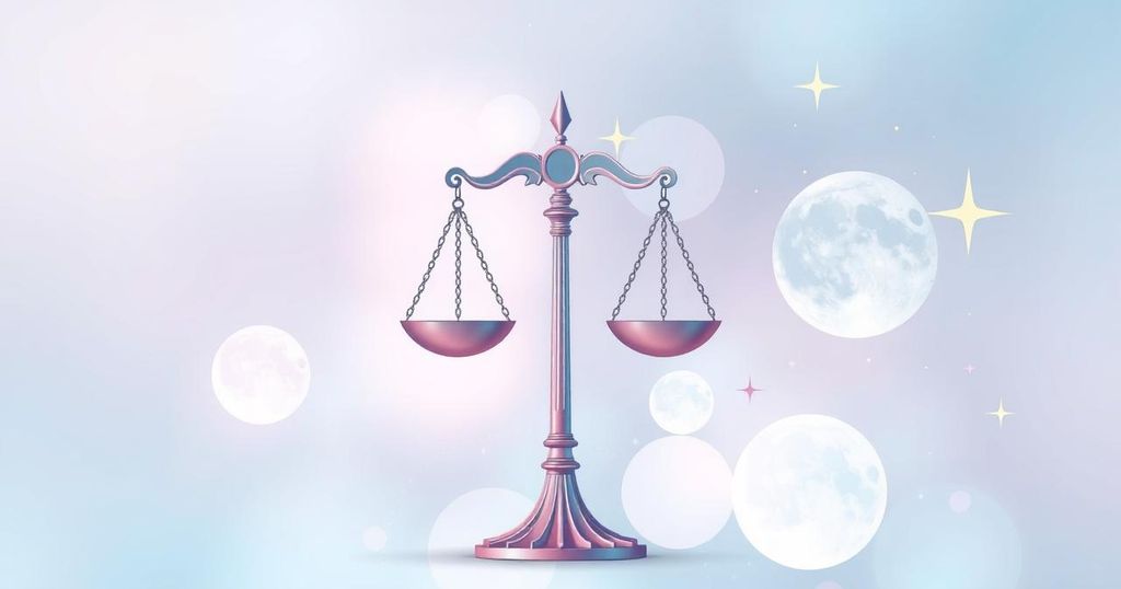A balanced Libra symbol amidst celestial motifs, using pastel colours emphasizing harmony and balance.