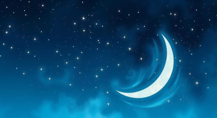 A serene night sky with a crescent moon and twinkling stars, symbolising aspirations and creativity.