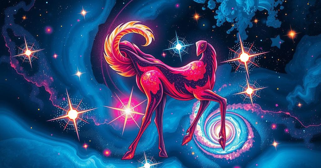 A vibrant illustration of a cosmic scene with stars and planets representing zodiac themes.