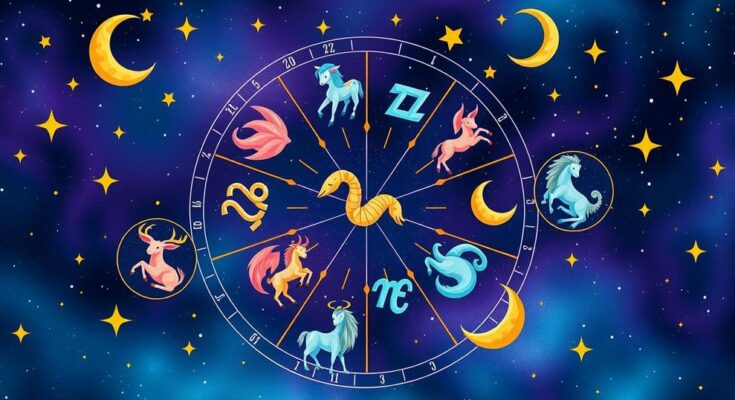 Illustration depicting Zodiac signs with vibrant colours, celestial patterns, and mystical elements.