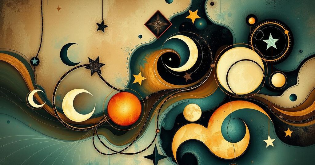A vibrant abstract representation of astrological themes with celestial patterns and Earth tones.