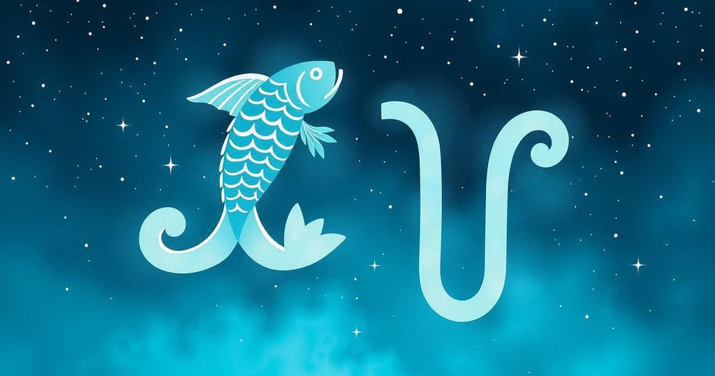 A serene astrological illustration featuring Pisces and Gemini symbols with calming shades of blue and green.