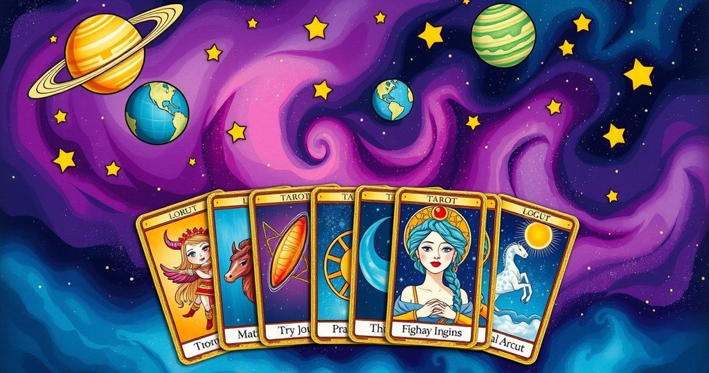 A mystical tarot deck with cards representing different zodiac signs, set against a cosmic background.