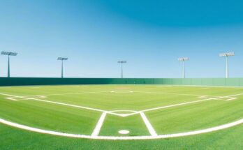A baseball field with a vibrant green outfield, a clear blue sky above, and empty bleachers ready for fans.