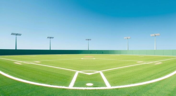 A baseball field with a vibrant green outfield, a clear blue sky above, and empty bleachers ready for fans.