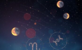 Celestial scene with stars, moon phases and zodiac symbols in warm hues representing emotional guidance and astrology.