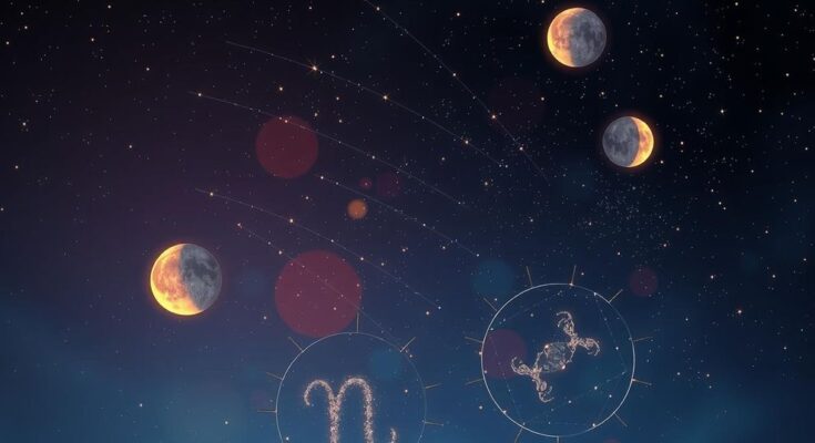 Celestial scene with stars, moon phases and zodiac symbols in warm hues representing emotional guidance and astrology.