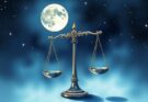 A serene astrological scene featuring a Libra scale set against a night sky with a glowing moon, symbolising balance.