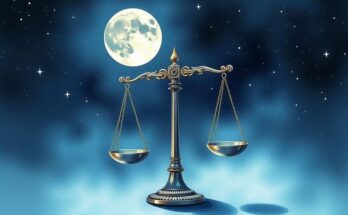 A serene astrological scene featuring a Libra scale set against a night sky with a glowing moon, symbolising balance.