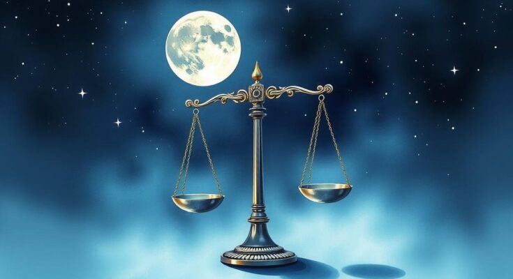 A serene astrological scene featuring a Libra scale set against a night sky with a glowing moon, symbolising balance.
