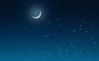 A serene night sky with a glowing waxing crescent moon and twinkling stars, representing balance and reflection.