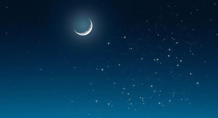 A serene night sky with a glowing waxing crescent moon and twinkling stars, representing balance and reflection.