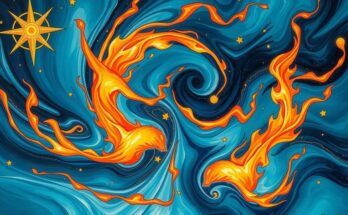 Astrological symbols against a celestial backdrop with a mix of water and fire colours reflecting emotional balance and expression.