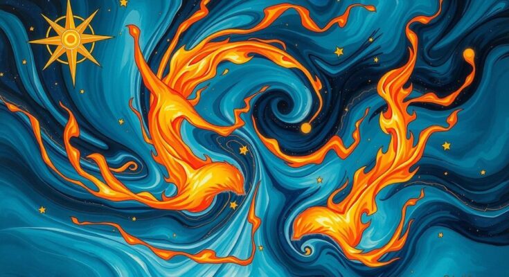 Astrological symbols against a celestial backdrop with a mix of water and fire colours reflecting emotional balance and expression.