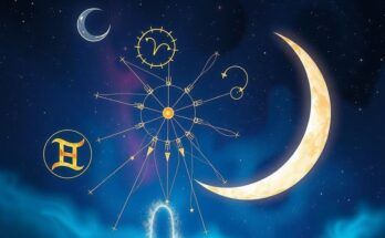 A cosmic scene depicting astrology elements with stars, moons and zodiac signs reflecting celestial harmony.