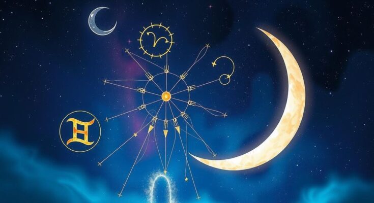A cosmic scene depicting astrology elements with stars, moons and zodiac signs reflecting celestial harmony.